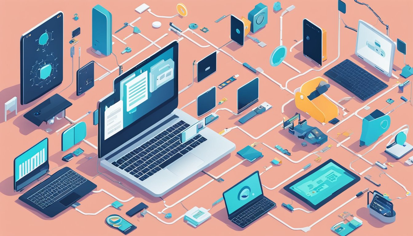 A laptop surrounded by various tech gadgets and tools, with a network of interconnected links representing affordable link building services for tech startups