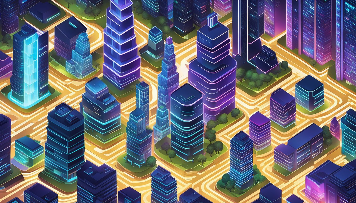 A futuristic cityscape with skyscrapers and digital billboards, showcasing the latest tech startups.</p><p>The skyline is illuminated with vibrant colors and pulsating lights, giving off a sense of innovation and progress