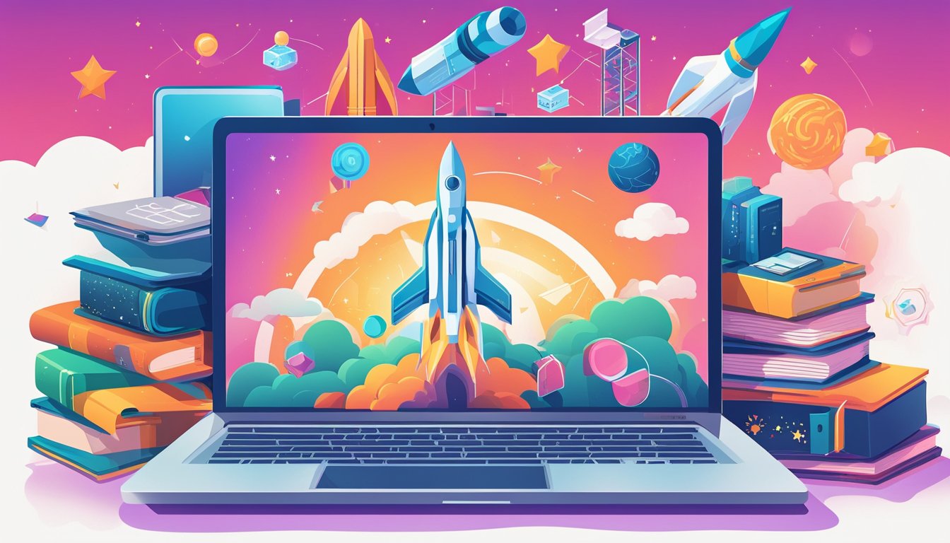 A laptop surrounded by tech gadgets and a stack of SEO books, with a rocket launching into space in the background