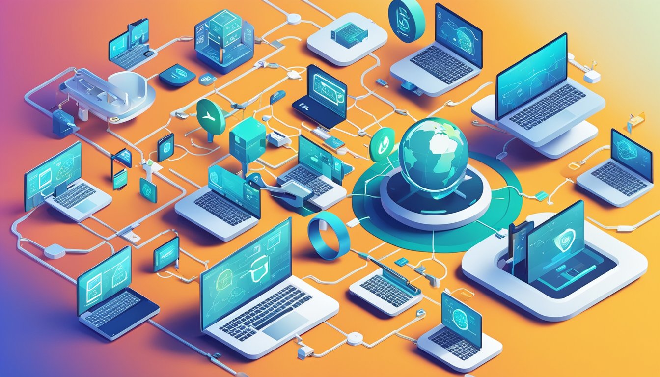 A group of tech startup logos surrounded by various digital devices and tools, with a network of interconnected lines representing link building services