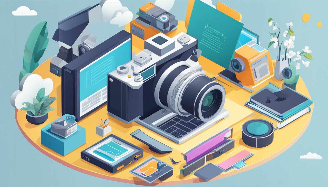 A camera surrounded by various objects, including a laptop, editing software, and a notepad with SEO tips.</p><p>The background features a website layout with optimized images