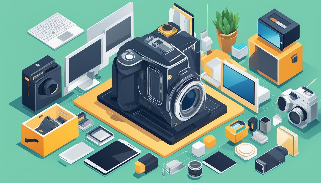 A camera surrounded by various photography tools and equipment, with a computer displaying an image sitemap and 10 tips for optimizing images for SEO