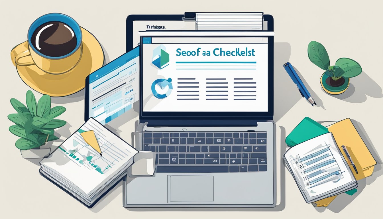 A desk with a laptop, notepad, and pen.</p><p>On the laptop screen, a webpage titled "12 Steps for a Comprehensive SEO Audit Checklist for Healthcare Sites" is displayed.</p><p>A cup of coffee sits nearby