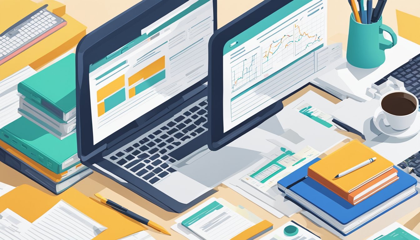 A desk with a computer, notebook, and pen.</p><p>A stack of papers labeled "Keyword Research" and "SEO Audit Checklist for Healthcare Sites" sits next to a cup of coffee