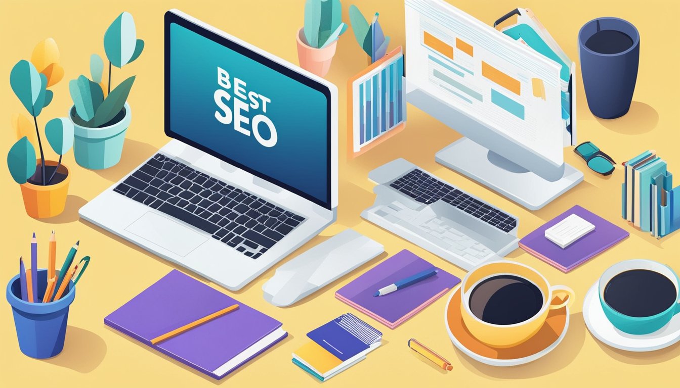 A desk with a computer, notepad, and pen.</p><p>On the computer screen, "8 Best SEO Tools for Nonprofits" is displayed.</p><p>A cup of coffee sits next to the computer