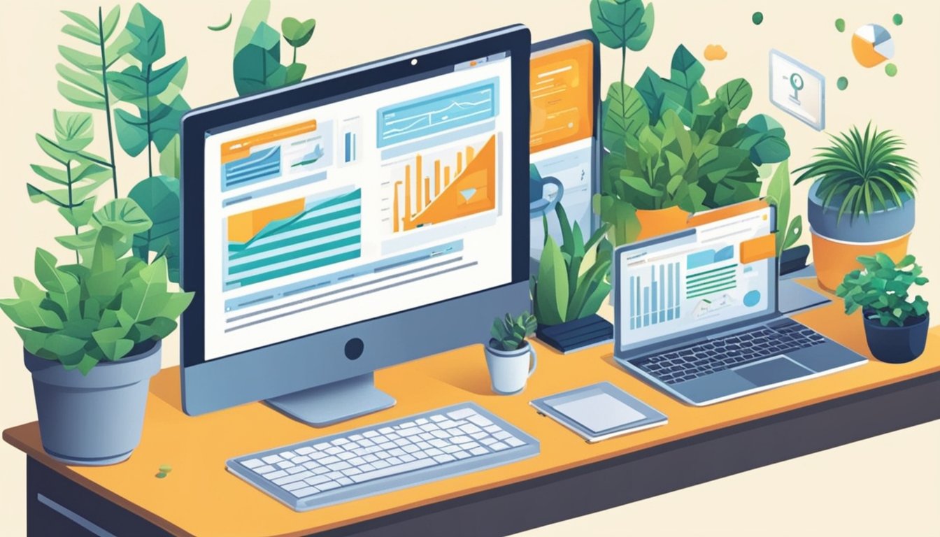 A computer screen displaying SEMrush's 8 Best SEO Tools for Nonprofits, surrounded by office supplies and a potted plant