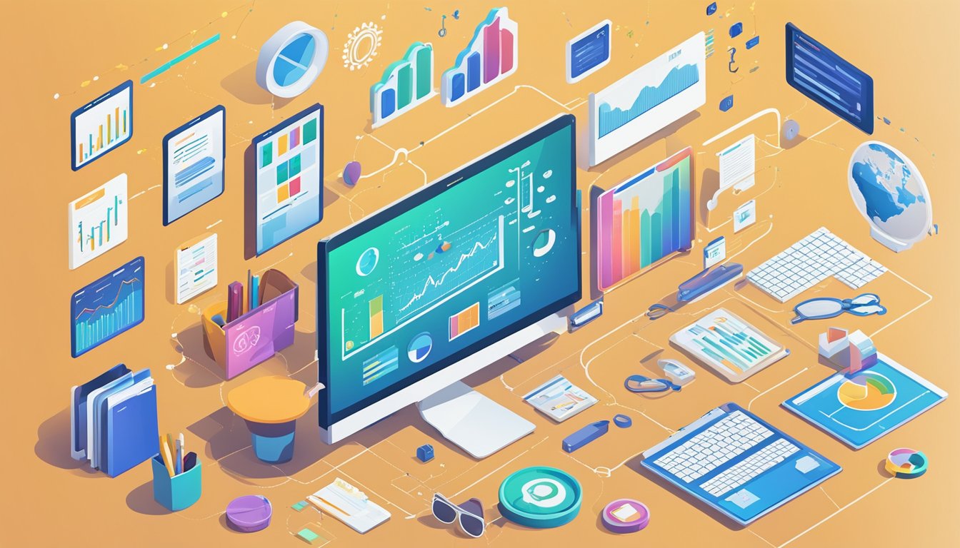 A desk with a computer displaying SEO tools, surrounded by charts and graphs tracking key metrics for a nonprofit organization