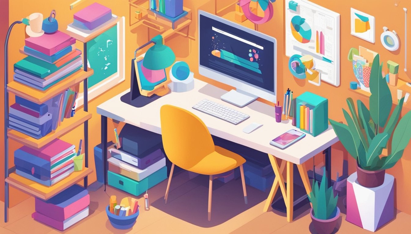 A cozy craft room with a desk, colorful supplies, and a laptop displaying "6 Essential SEO Tips for Beginner Craft Blogs" on the screen