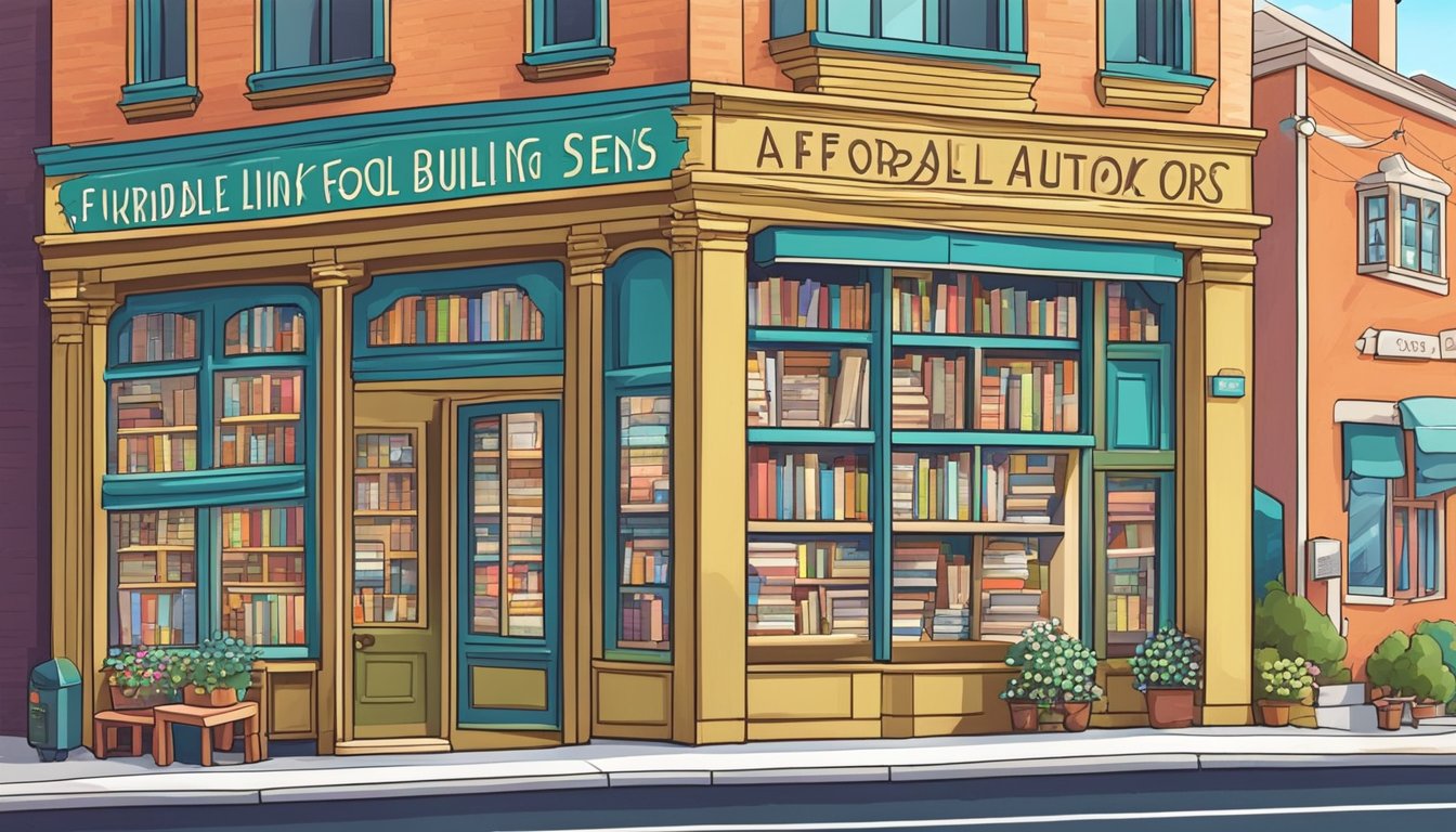 A cozy local bookstore with a sign advertising "Affordable Link Building Services for Local Authors" displayed prominently in the window