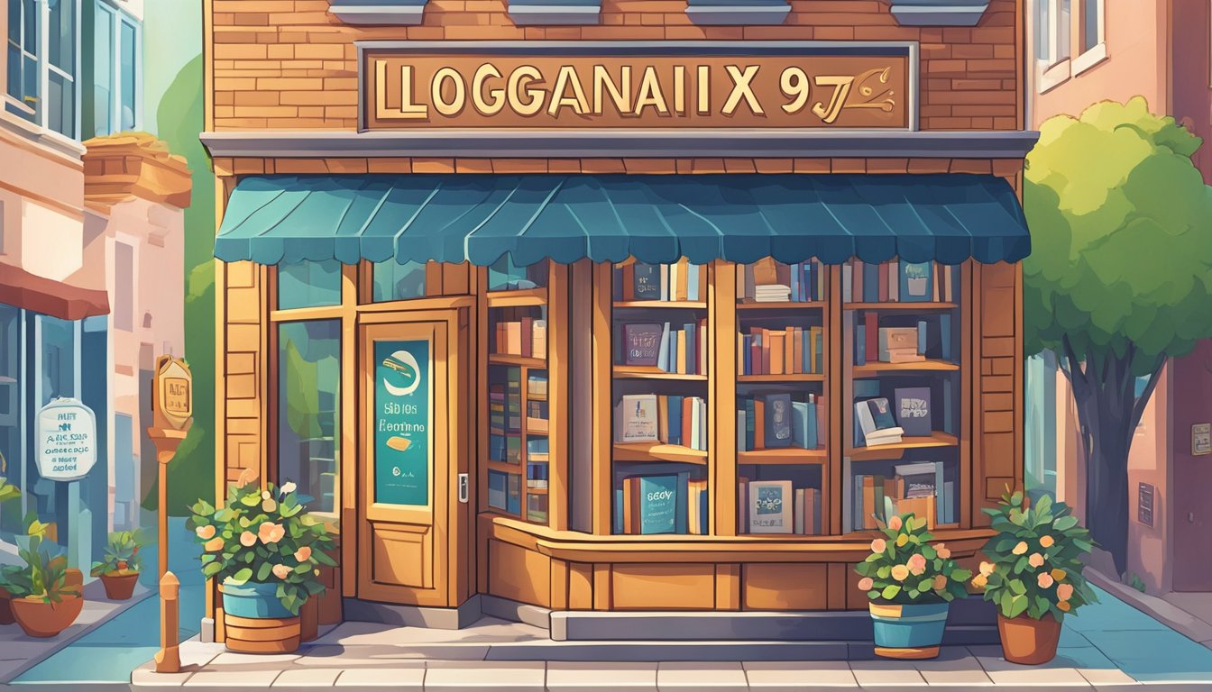 A cozy local bookstore with a sign advertising "Loganix 9 Affordable Link Building Services for Local Authors" displayed prominently in the window