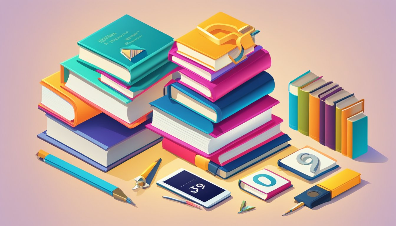 A stack of colorful books with a glowing number 9 on top, surrounded by various tools and symbols representing affordable link building services for local authors