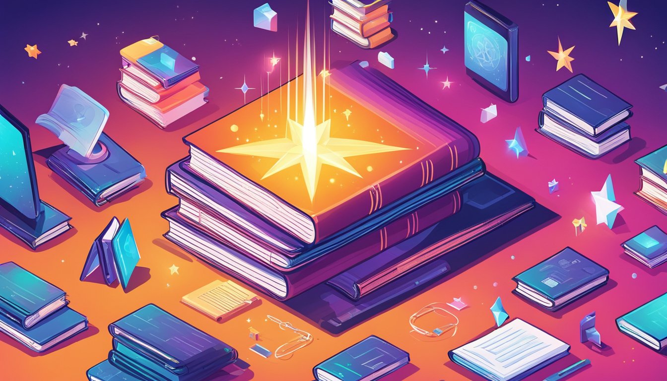 A stack of books with a glowing starburst above it, surrounded by various digital and traditional marketing tools