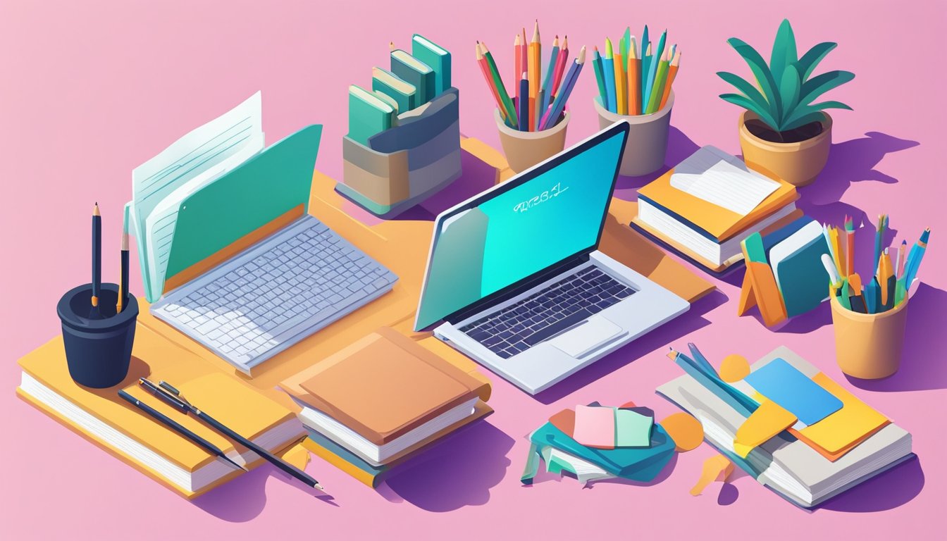 A desk with a laptop, notebook, and pen.</p><p>A stack of craft supplies in the background.</p><p>A book on SEO tips open to a page on keyword research