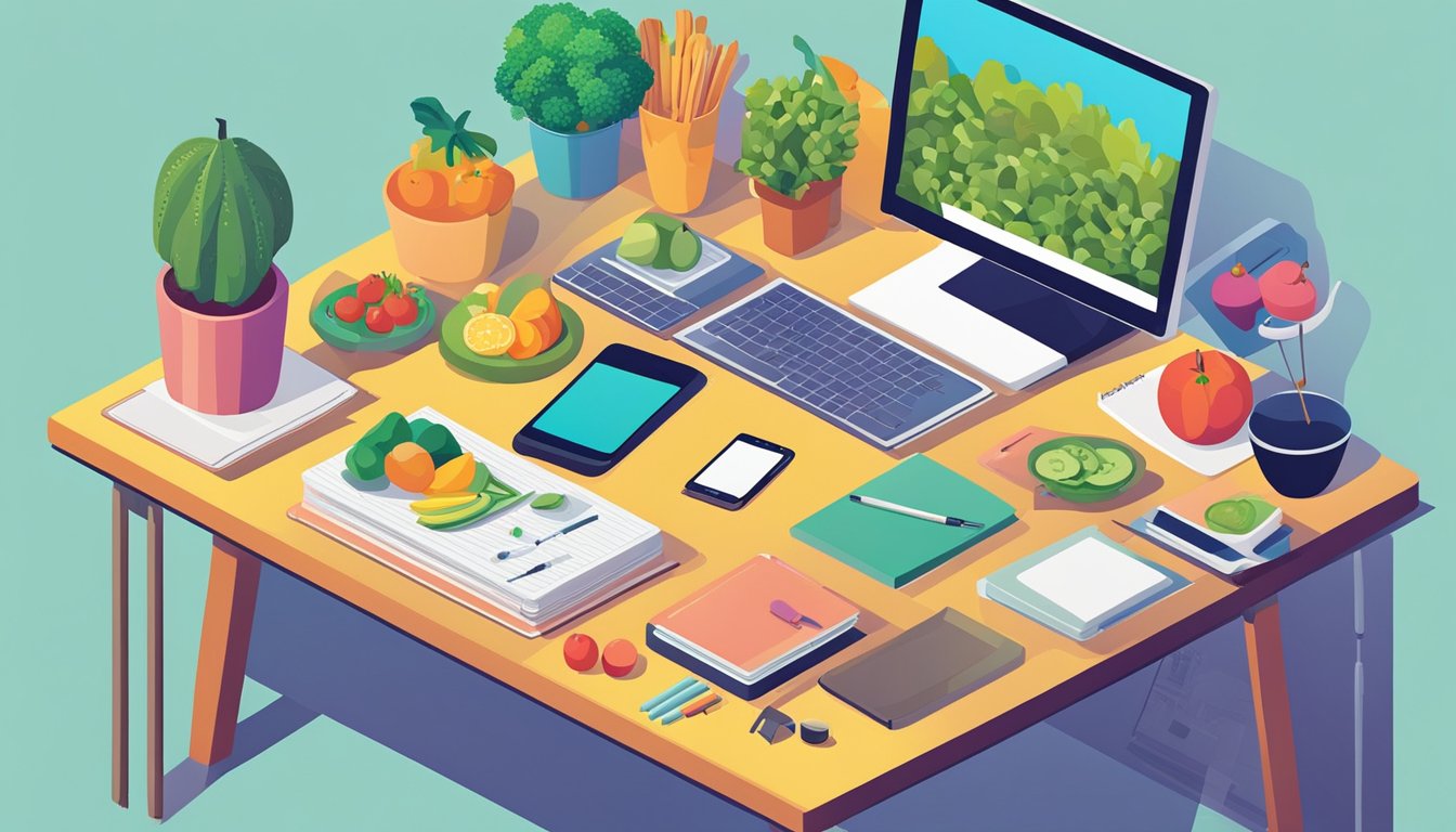 A desk with a computer, notebook, and pen.</p><p>Surrounding the desk are various food items such as fruits, vegetables, and spices.</p><p>A stack of cookbooks and a smartphone with food-related apps are also present