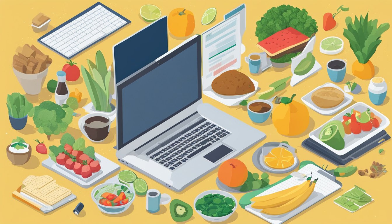 A table with a laptop, notepad, and pen.</p><p>Surrounding the table are various food items such as fruits, vegetables, and spices.</p><p>A computer screen displays keyword research tools for food bloggers