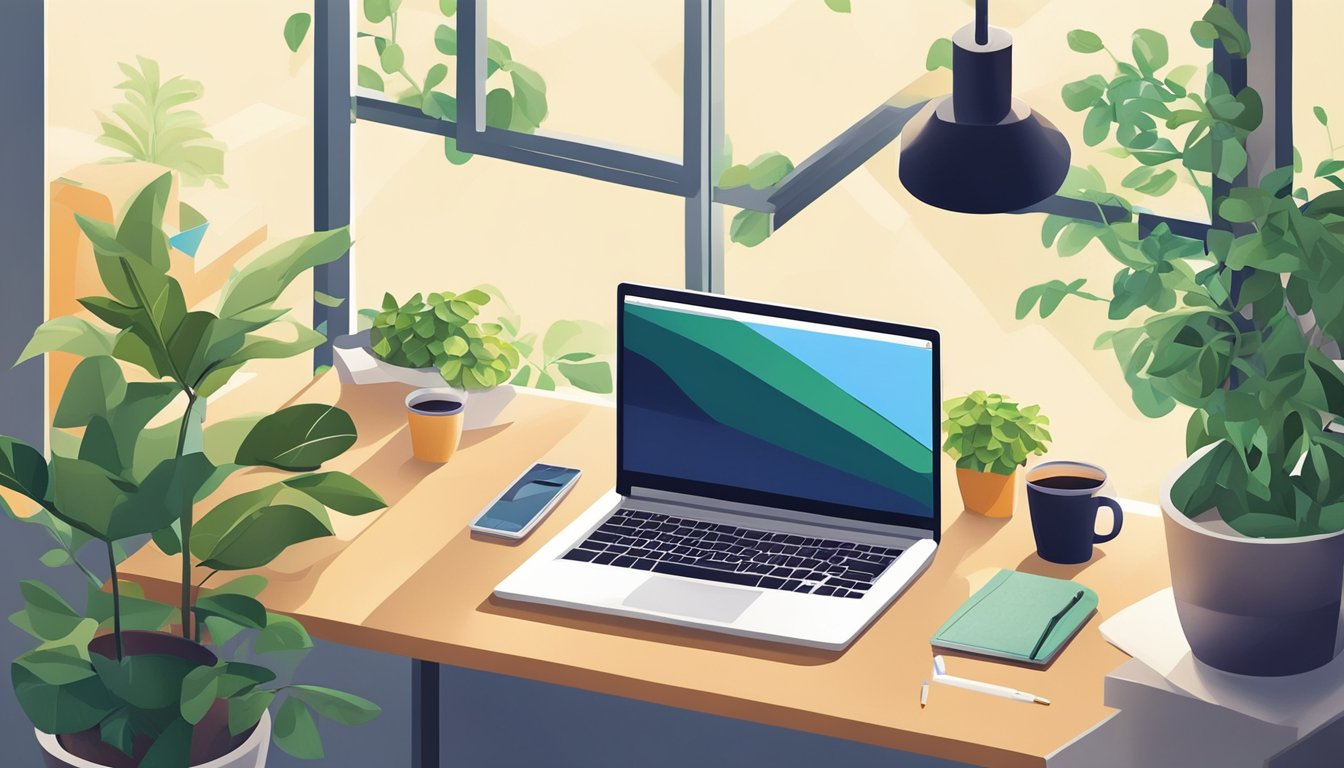 A laptop on a clutter-free desk with a notepad, pen, and a cup of coffee.</p><p>A window provides natural light, and a plant adds a touch of greenery