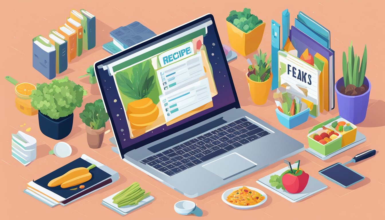 A laptop surrounded by food ingredients and recipe books, with keyword research tools displayed on the screen