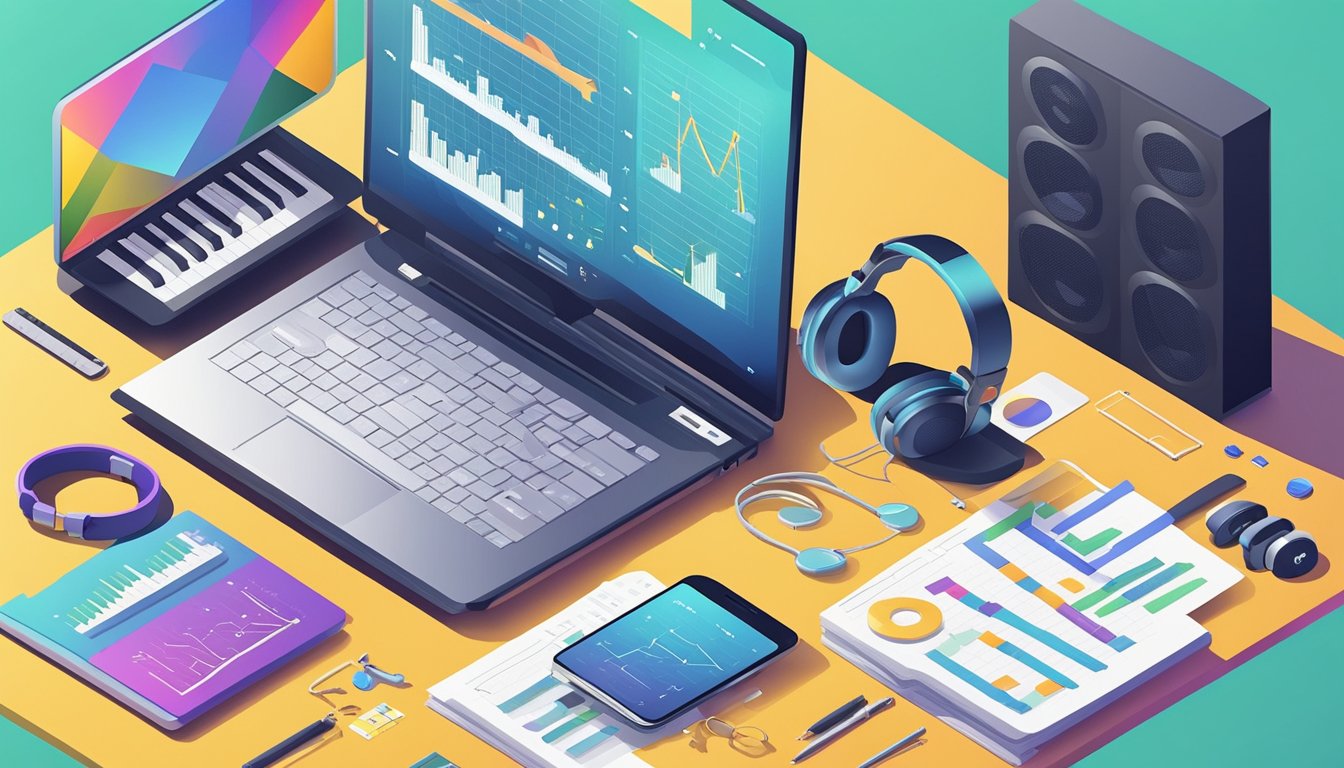 Keywords tools displayed on a desk with a laptop, headphones, and music notes.</p><p>Charts and graphs show keyword analysis for music blogging