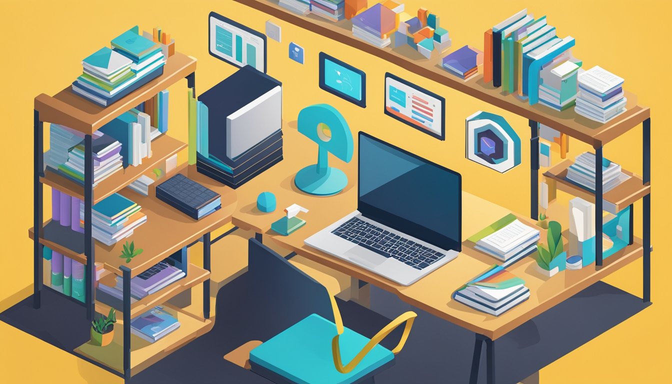 A desk with a computer, notebook, and pen.</p><p>On the computer screen, display icons of 8 SEO tools.</p><p>A bookshelf in the background filled with personal development books