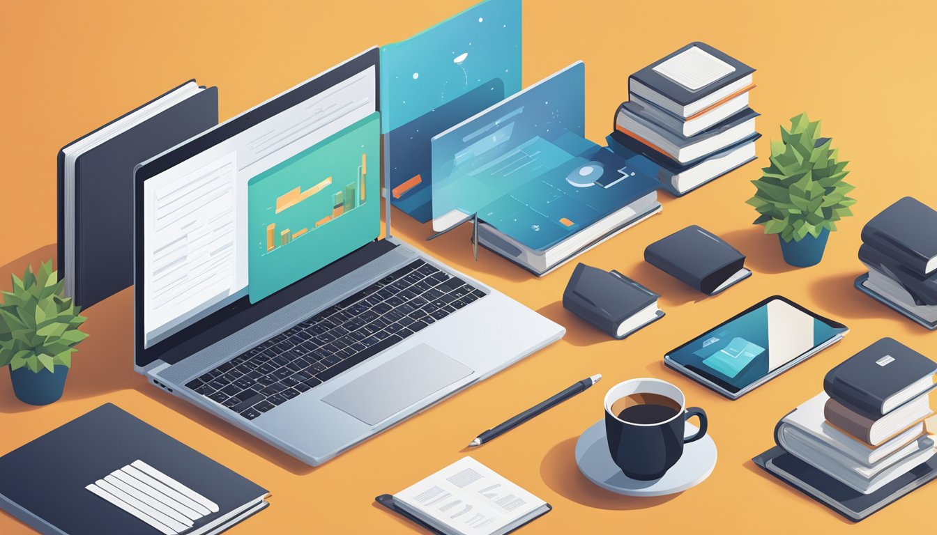 A desk with a laptop, notebook, and pen.</p><p>A stack of books on personal development.</p><p>SEMrush logo on the laptop screen