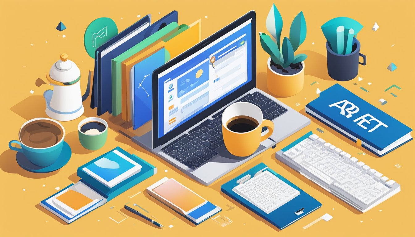 A laptop displaying Ahrefs' 8 Best SEO Tools for Personal Development Blogs, surrounded by books and a cup of coffee