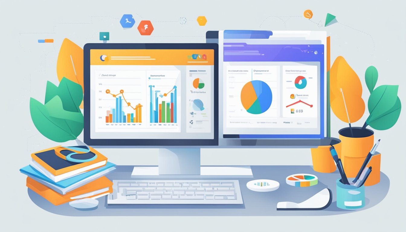 A computer screen displaying Google Analytics with 8 SEO tools listed for personal development blogs