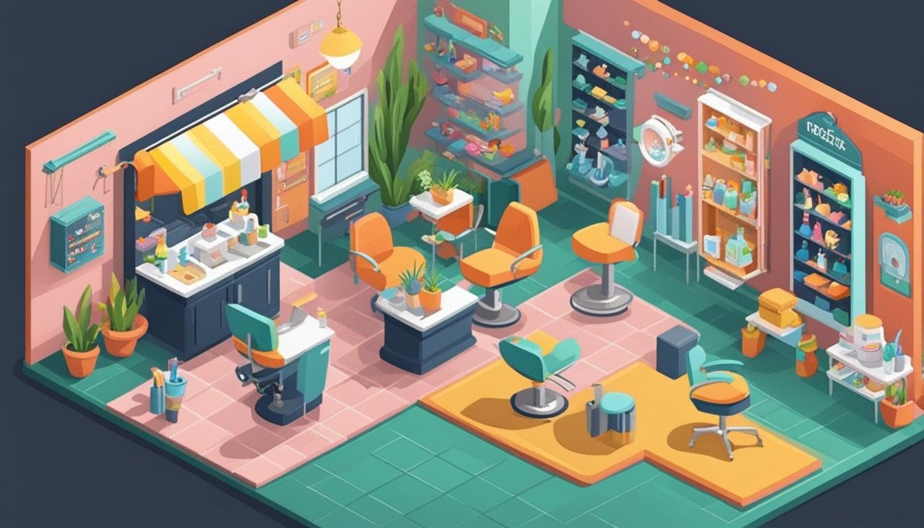 A colorful and inviting pet grooming salon with happy pets, grooming tools, and SEO keywords on a chalkboard. #EngagingContent #PetGroomers #SEOstrategy