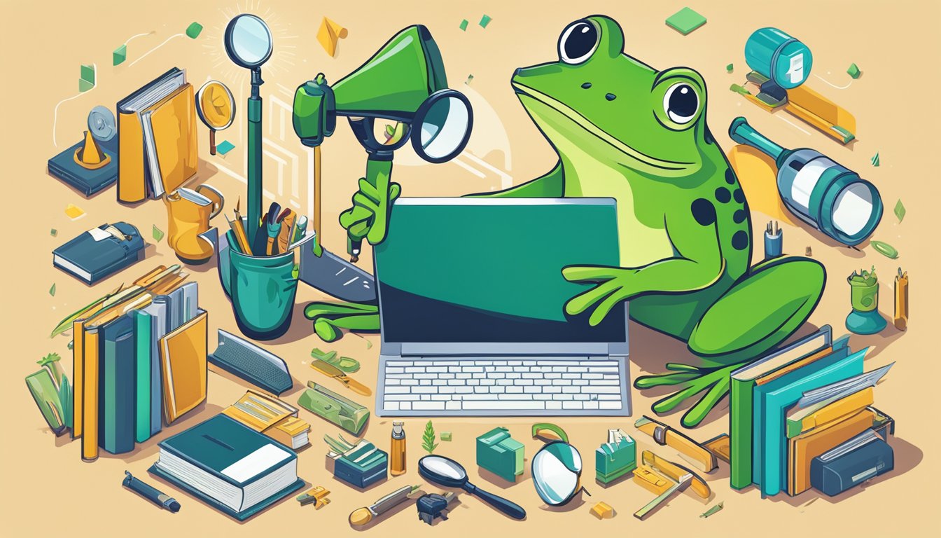 A frog with a megaphone, surrounded by tools like a magnifying glass, laptop, and books on personal development