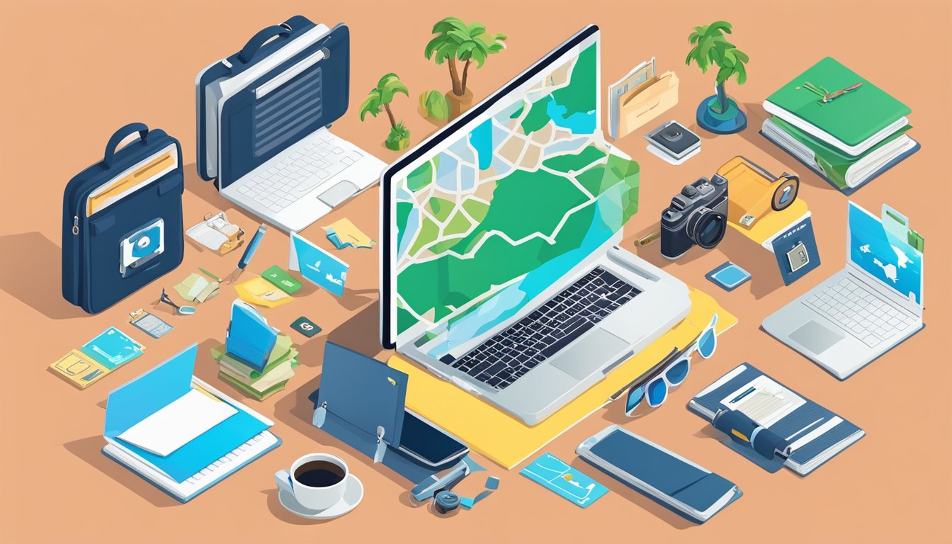 A laptop surrounded by travel-related items, with a map, camera, and notebook.</p><p>A website with the title "Build Backlinks 6 Essential SEO Tips for Beginner Travel Blogs" is displayed on the screen