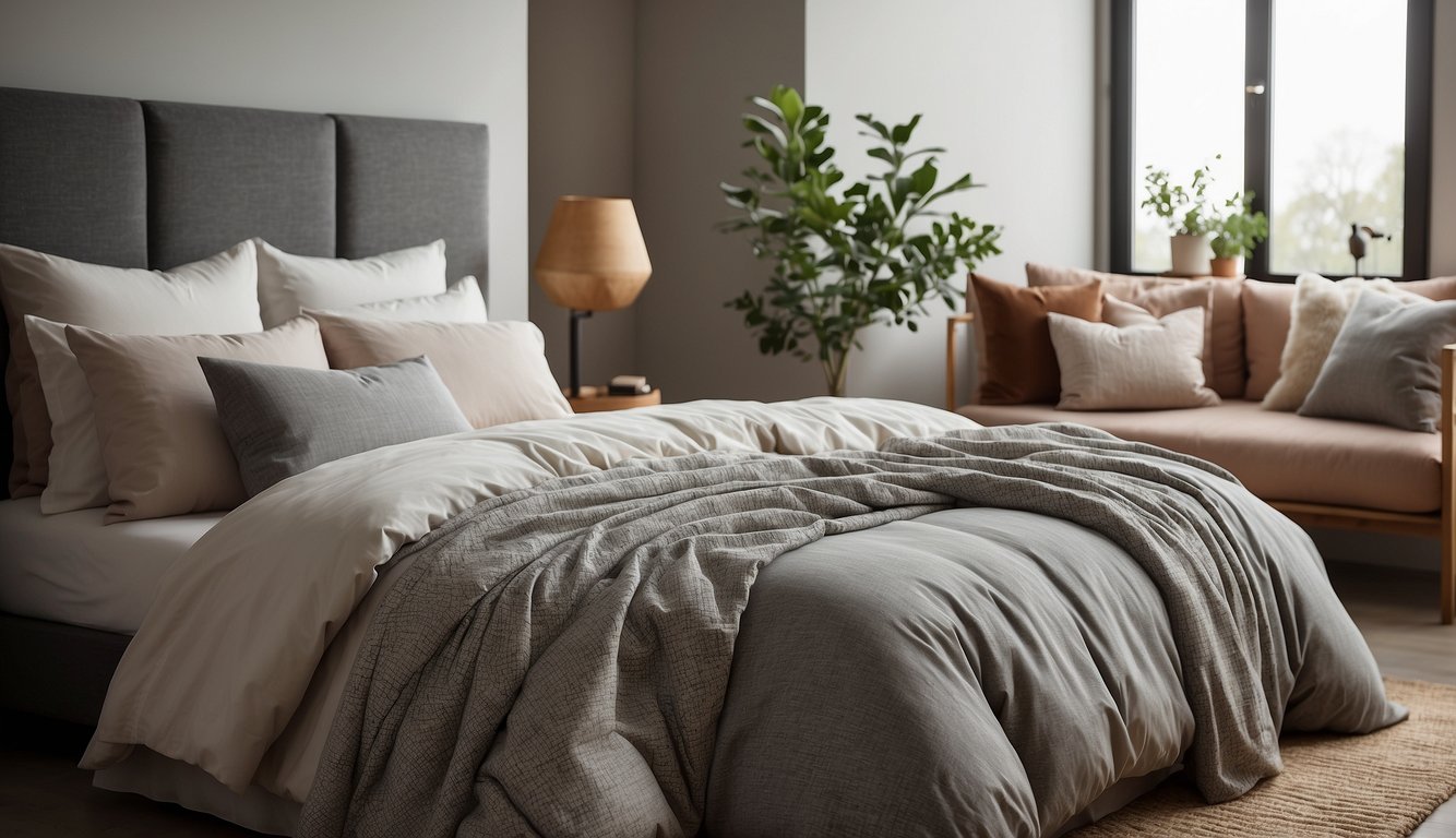 A cozy bedroom with a neatly made bed, showcasing a linen and cotton duvet cover side by side, with subtle texture and color differences