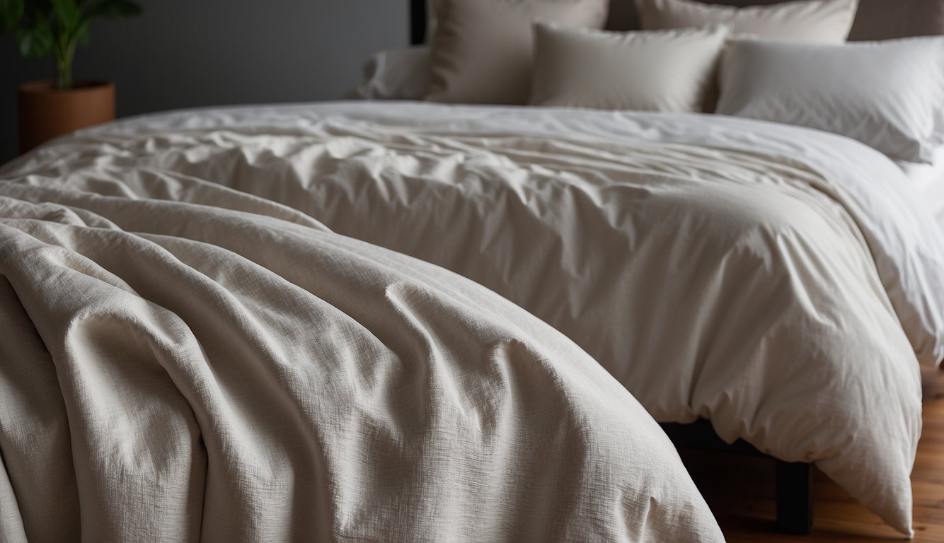 A smooth linen duvet cover and a cotton duvet cover lay side by side, showcasing their textures and qualities