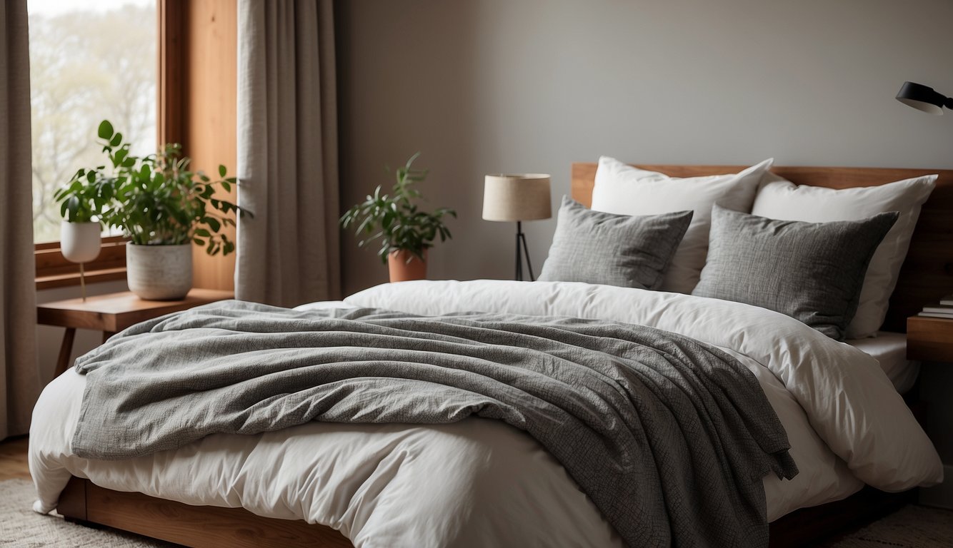 A cozy bedroom with a neatly made bed featuring a St. Barts Linen Duvet Cover on one side and a Cotton Duvet Cover on the other