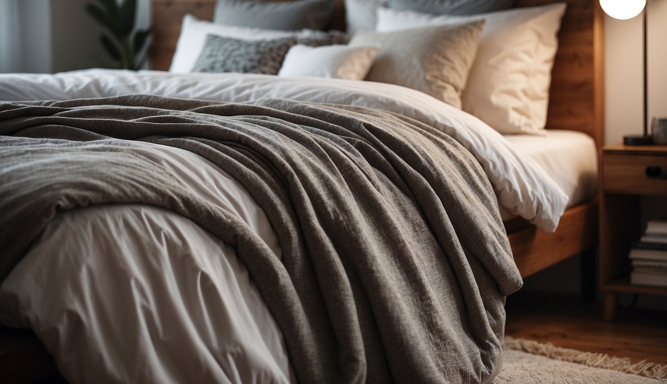 A cozy bedroom with a neatly made bed featuring a linen and cotton duvet cover side by side, showcasing their different textures and colors