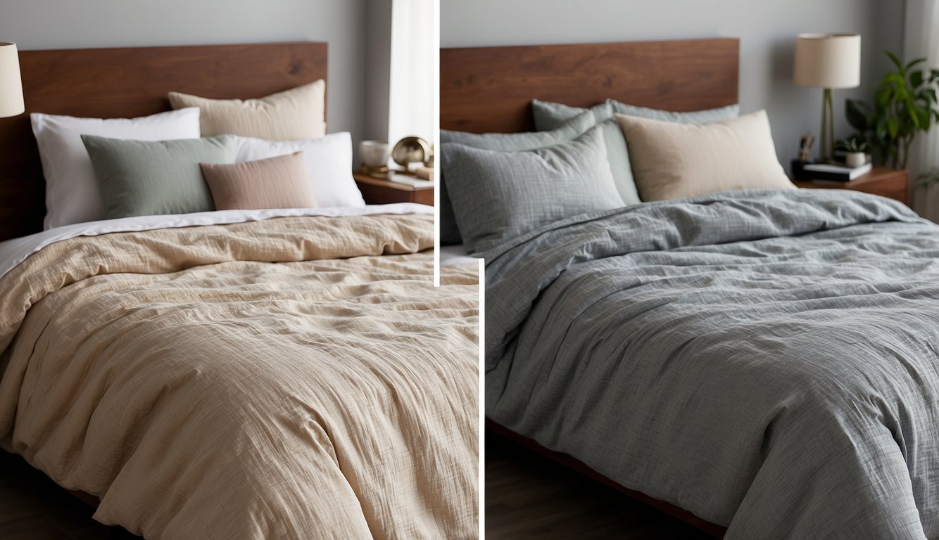 A side-by-side comparison of linen and cotton duvet covers, with their unique textures and patterns, displayed on a bed