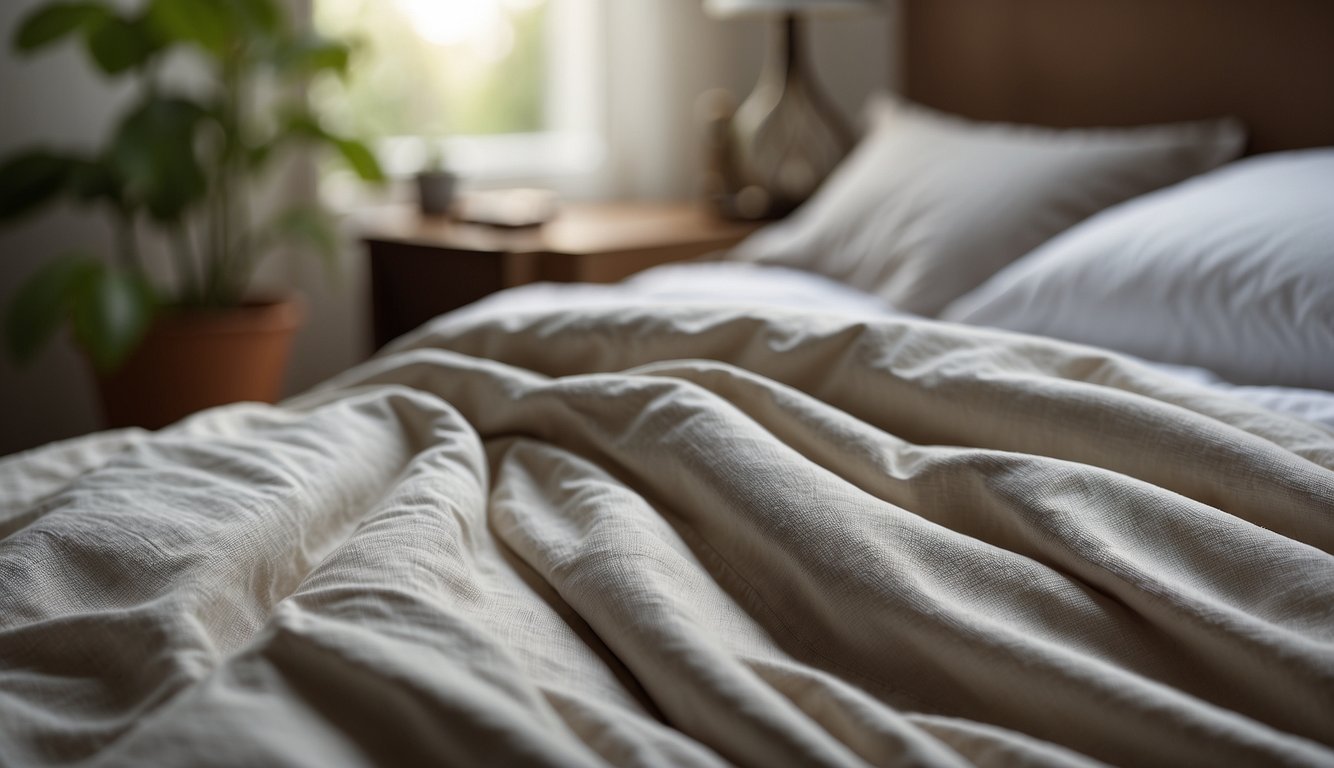 A hand reaches for a linen and cotton duvet cover. The two fabrics are displayed side by side, showcasing their texture and quality