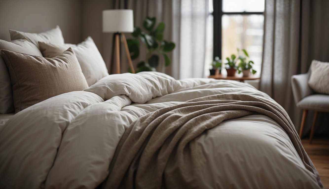 A cozy bedroom with a neatly made bed, adorned with a linen and a cotton duvet cover side by side, showcasing their texture and appearance