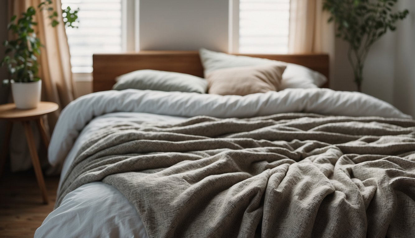 A cozy bedroom with a neatly made bed featuring a linen and cotton duvet cover side by side, showcasing their textures and colors