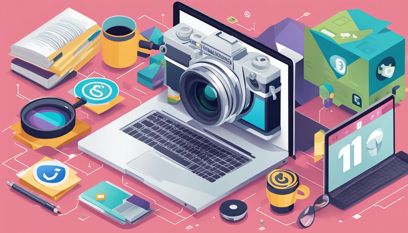 A photographer's camera and a laptop with social media icons.</p><p>A magnifying glass hovers over the laptop, highlighting the words "11 Effective SEO Strategies for Local Photographers."