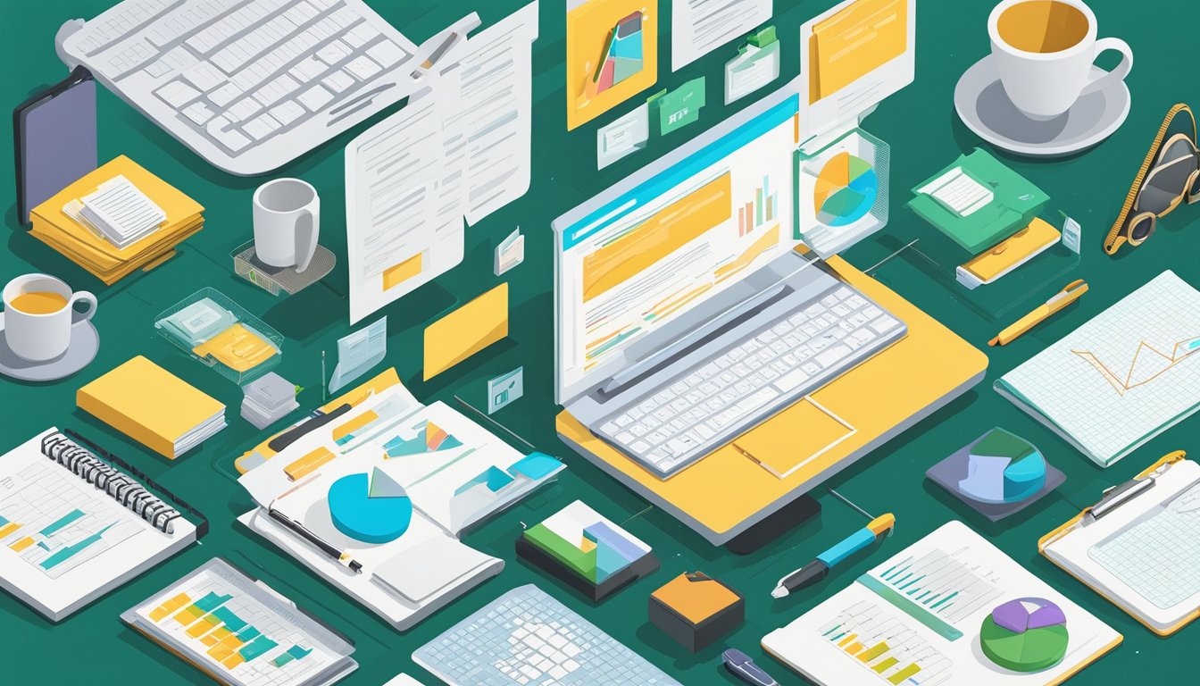 A desk cluttered with papers, a computer screen displaying keyword research tools, and a checklist of 12 steps for a comprehensive SEO audit for financial advisor websites