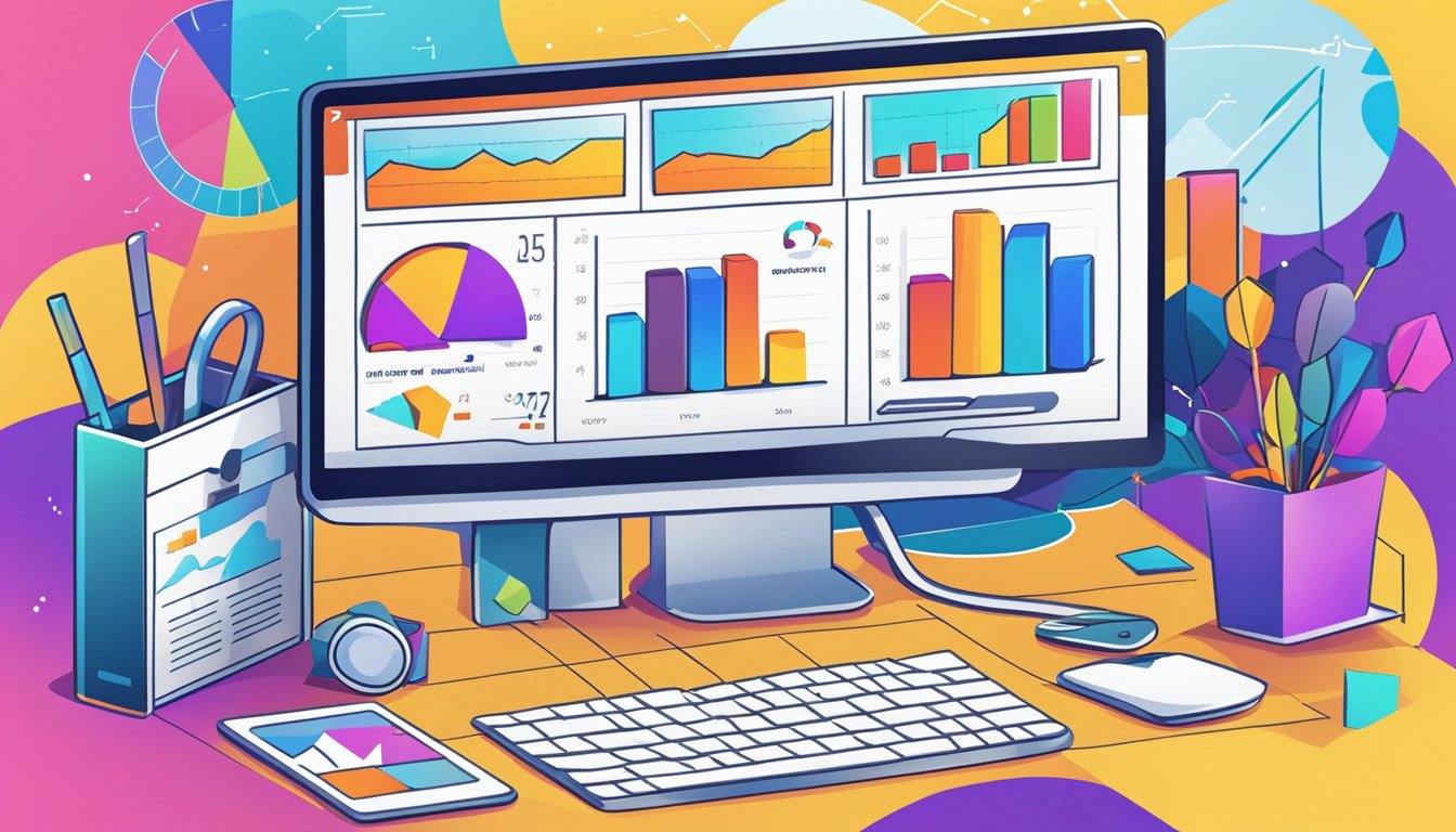 A computer monitor displaying "Monitor Analytics 11 Effective SEO Strategies for Local Photographers" with colorful graphs and charts