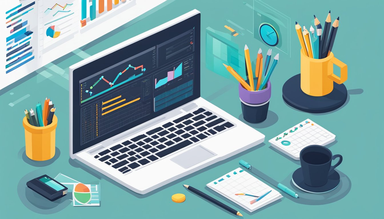 A desk with a computer, notebook, and pen.</p><p>A checklist of 12 steps for a comprehensive SEO audit displayed on the screen.</p><p>Financial charts and graphs in the background