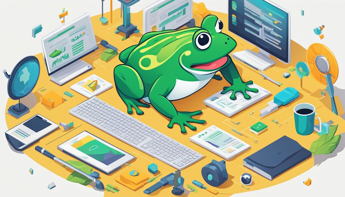 A frog with a wide open mouth, eyes bulging, and a loud scream coming out, surrounded by various SEO tools and a small law firm logo