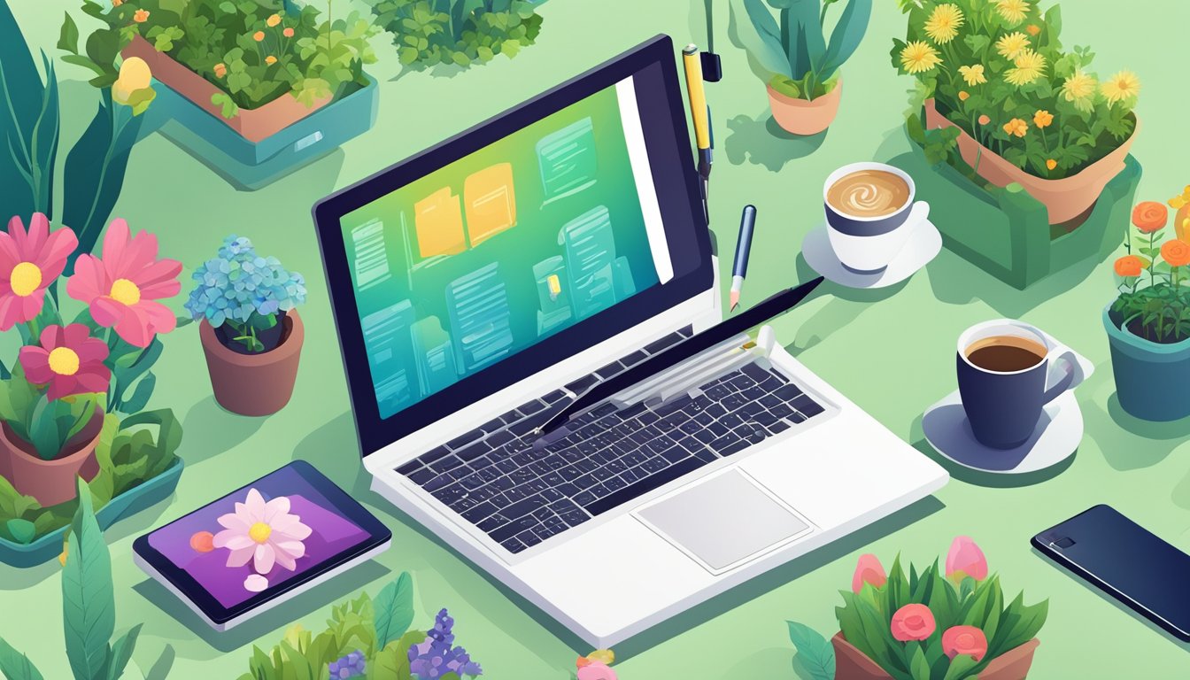 A garden with various plants and flowers, a laptop with a gardening blog open, a pen and notebook for jotting down ideas, a cup of coffee, and a smartphone for research