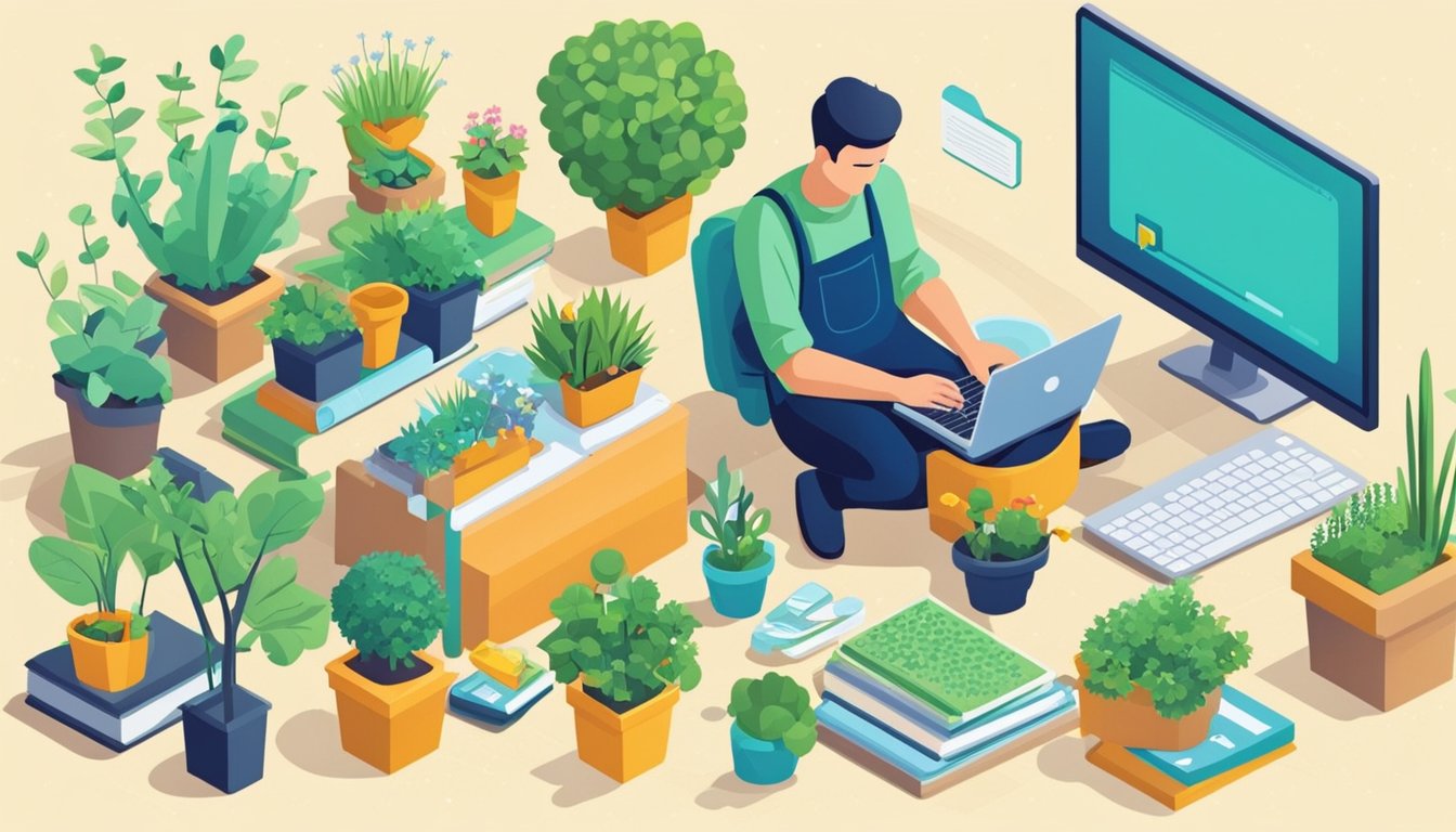 A gardener types on a laptop, surrounded by gardening books and tools.</p><p>A keyword research tool is open on the screen, highlighting essential SEO tips