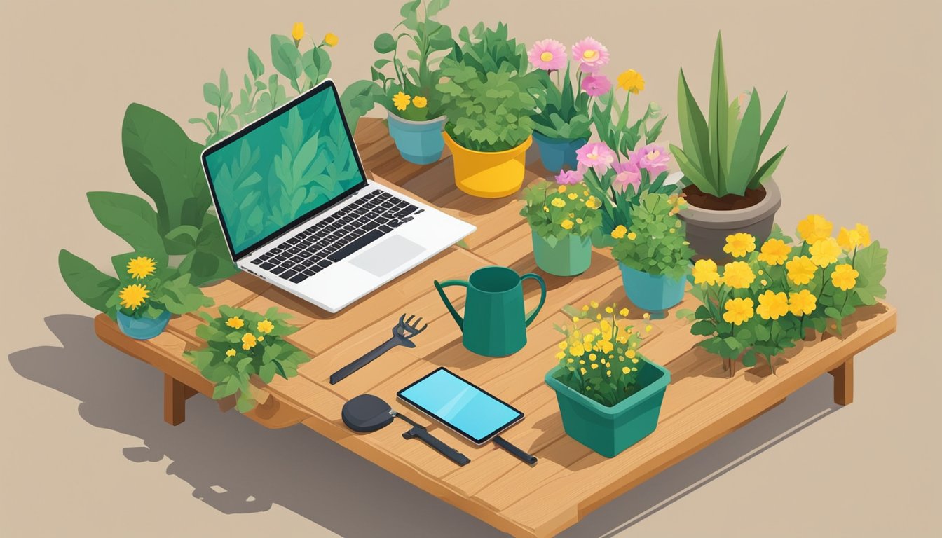 A lush garden with colorful flowers, vibrant green foliage, and various gardening tools neatly arranged on a wooden bench.</p><p>A laptop displaying "6 Essential SEO Tips for Beginner Gardening Blogs" sits open on the bench