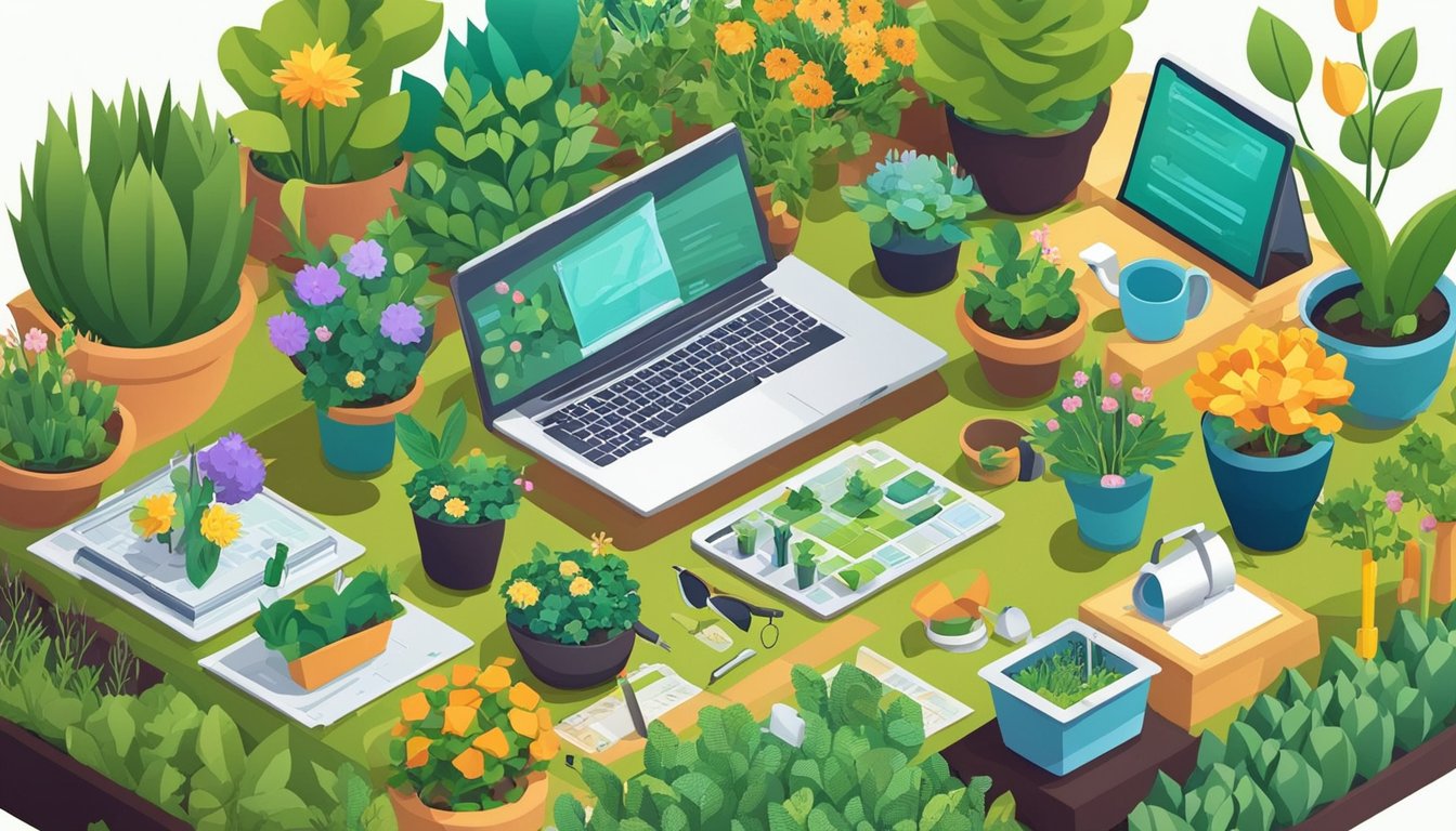 A colorful garden with various plants and flowers, surrounded by gardening tools and a laptop displaying "6 Essential SEO Tips for Beginner Gardening Blogs."