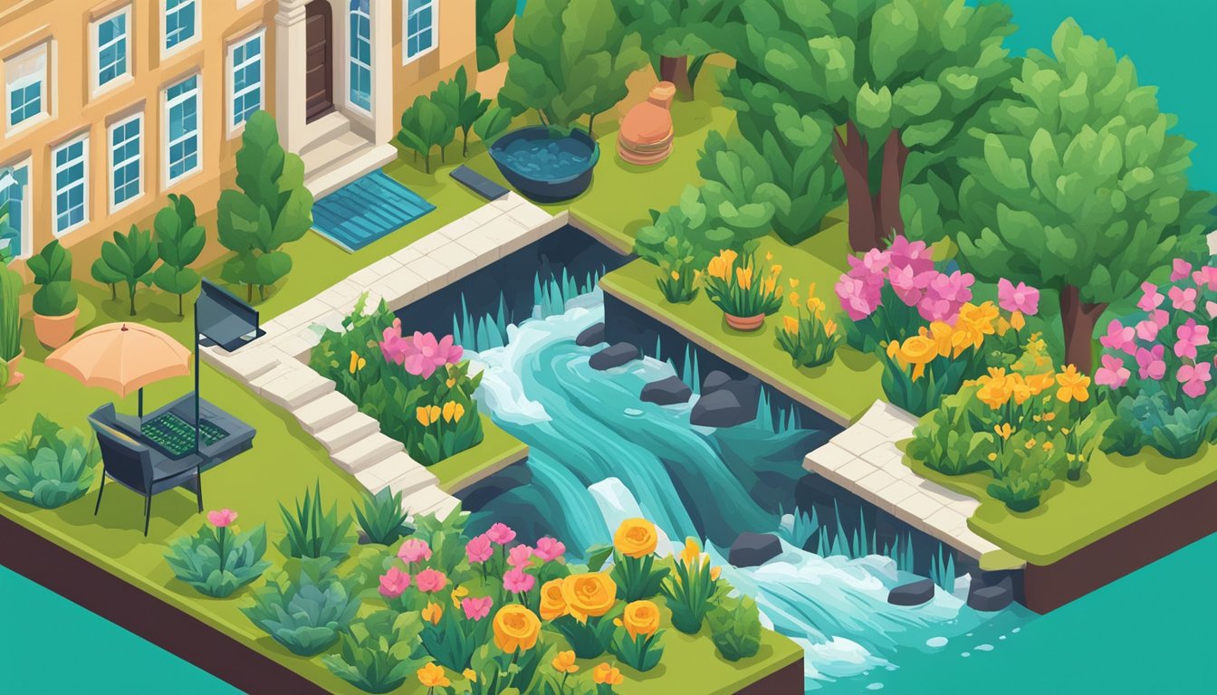 A garden with blooming flowers and thriving plants, surrounded by a fast-moving stream.</p><p>A laptop displaying "6 Essential SEO Tips" sits on a nearby table