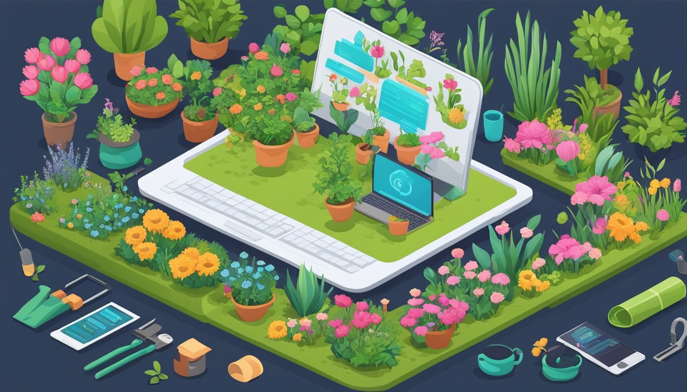 A vibrant garden with blooming flowers and thriving plants, surrounded by gardening tools and a laptop displaying SEO tips