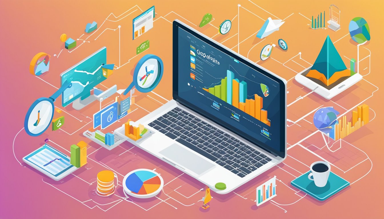 A laptop displaying Google Analytics with 10 SEO tools for travel agencies.</p><p>Graphs and charts show website traffic and keyword rankings