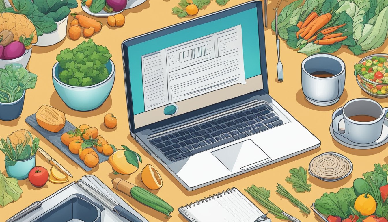 A kitchen table with a laptop open to a beginner cooking blog, surrounded by fresh ingredients, a notepad, and a pen